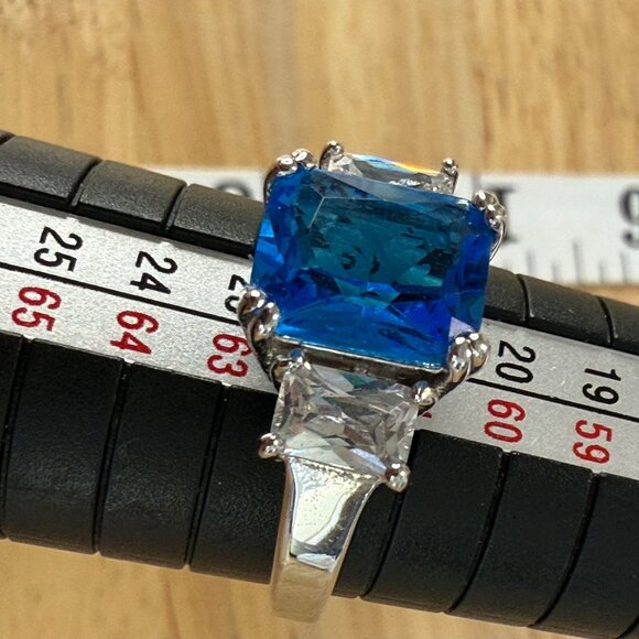 Silver Tone Cocktail Ring With Blue Emerald-Cut Center & Clear Side Size 10 - Picture 13 of 16